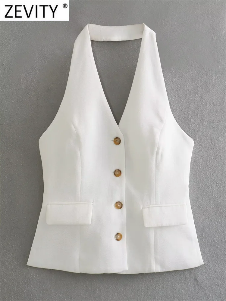 

Zevity Women Fashion V Neck Single Breasted Sleeveless Slim Halter Vest Jacket Office Lady Backless WaistCoat Pocket Tops CT5053