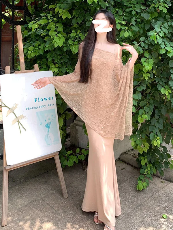 

Sexy Lace Splice V-Neck Long Sleeve Dress Women's Autumn New High Waist Slim A-Line Long Dress Korean Style Commute Fashion
