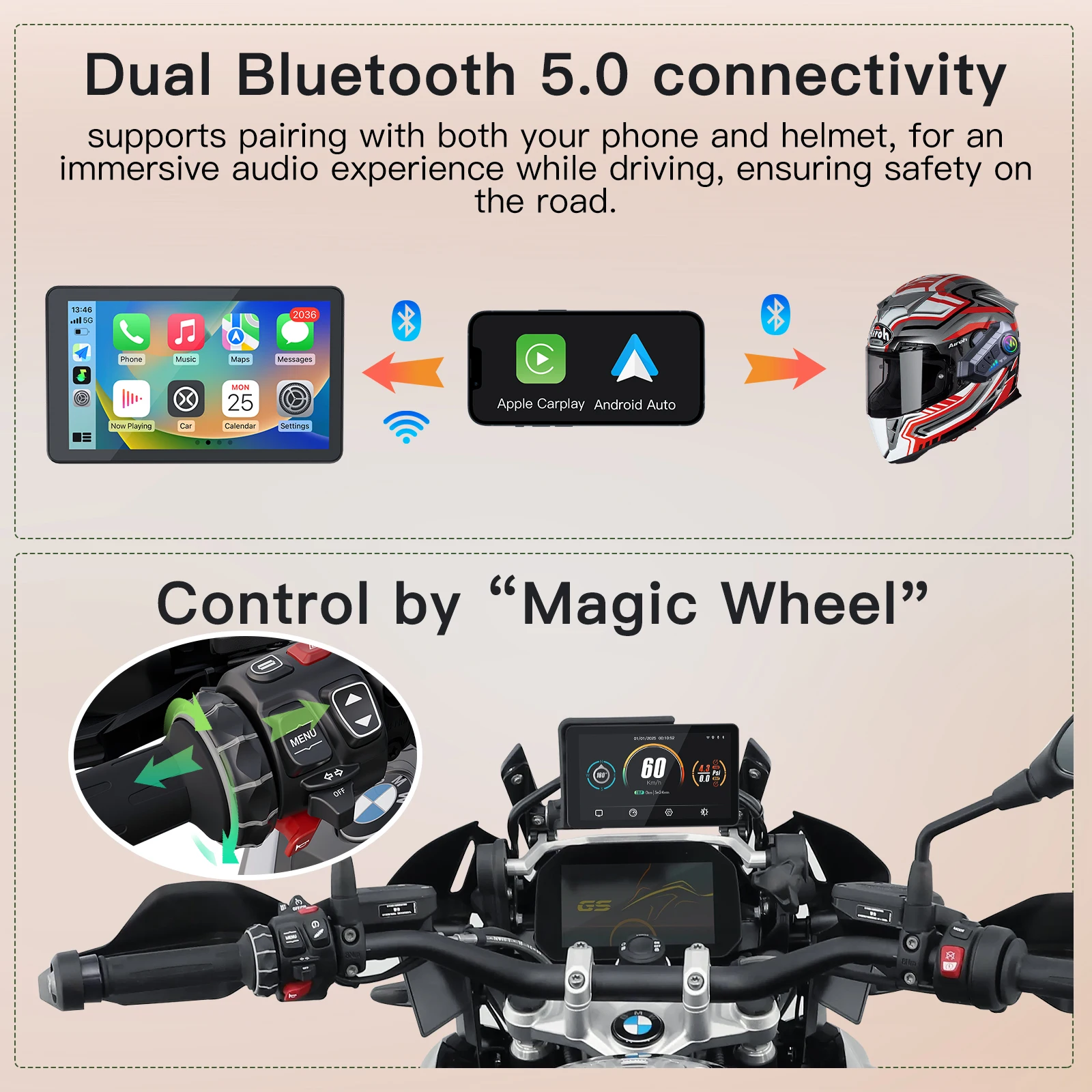 AutoUltura Für BMW Motorrad Tragbare GPS Navigation Drahtlose CarPlay Android auto 6-zoll IPX8 Navigator GS ADV mit Bluetooth