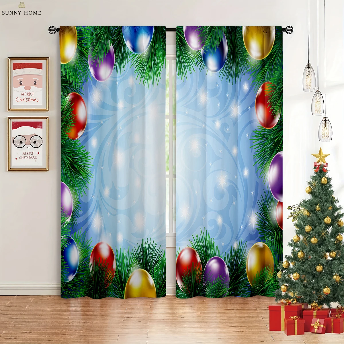 

Christmas Ball Christmas Tree Snow 3D Printed Curtains Bedroom Living Room Kitchen Holiday Window Decoration Curtains 2PCS