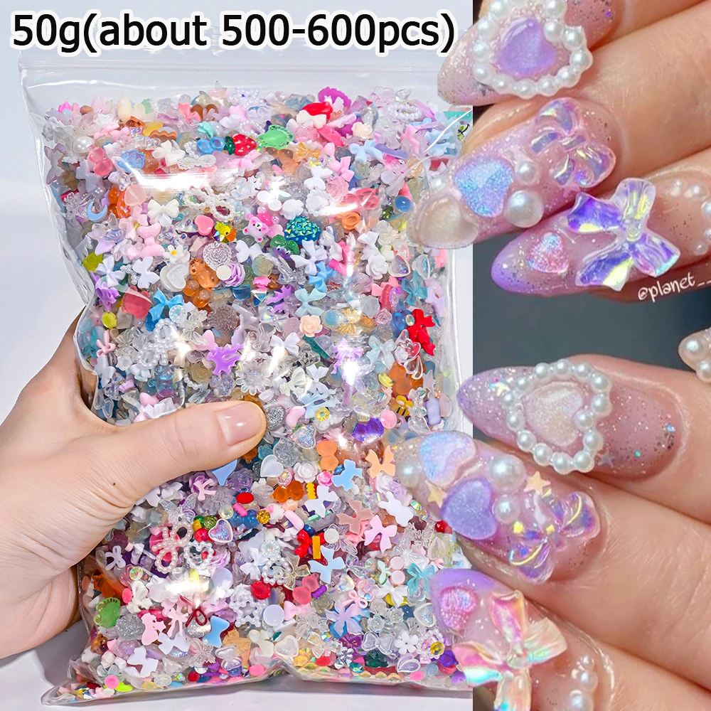 50g (500-600 uds) mezcla 3D a granel resina colorida Aurora arco flores mariposa dijes para uñas corazón/luna FlatBack suministro de decoración de uñas