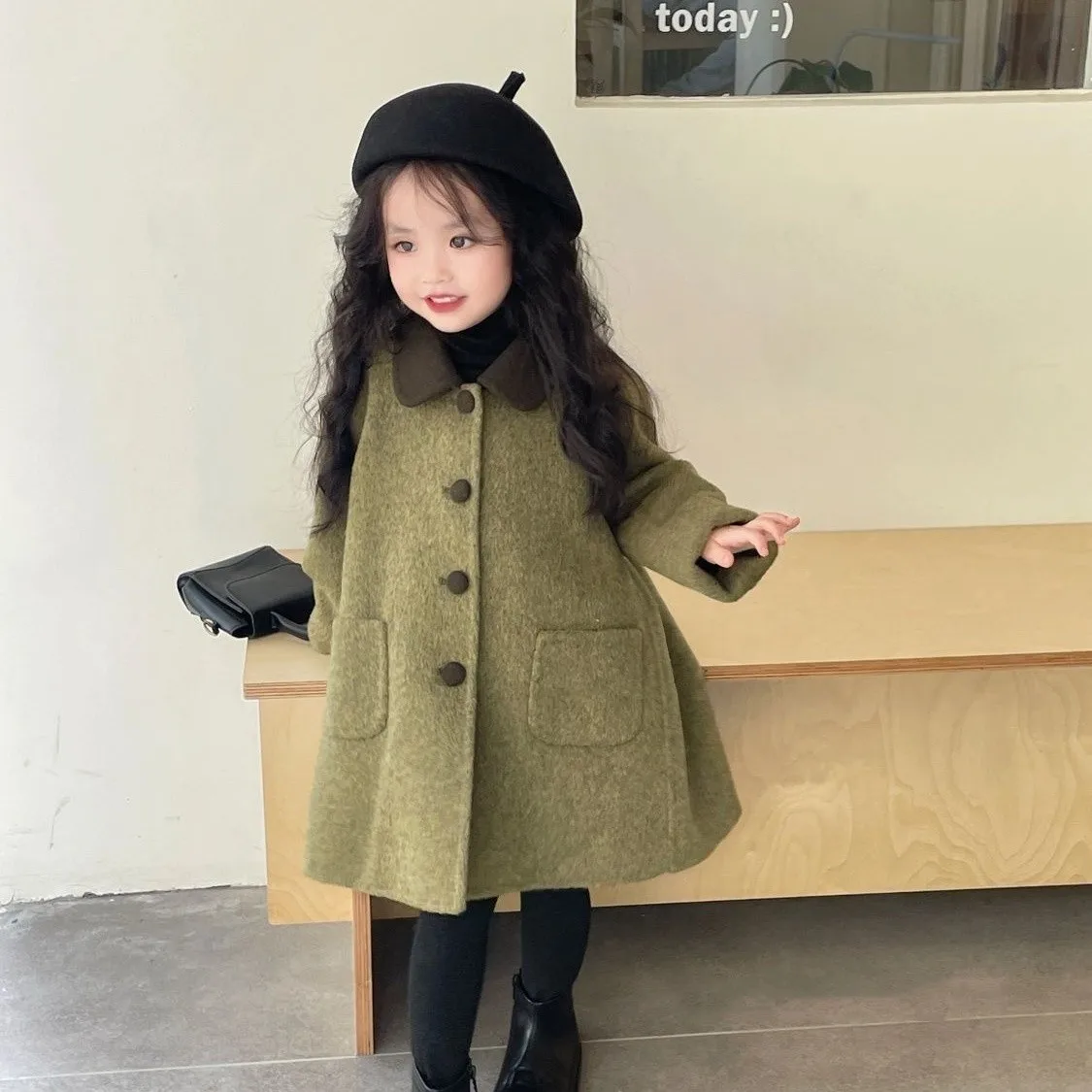 90-160 سنتيمتر الفتيات معطف الصوف الخريف/الشتاء جديد للأطفال الرجعية الأخضر طوق مزدوجة الوجهين المنسوجة القوس معطف