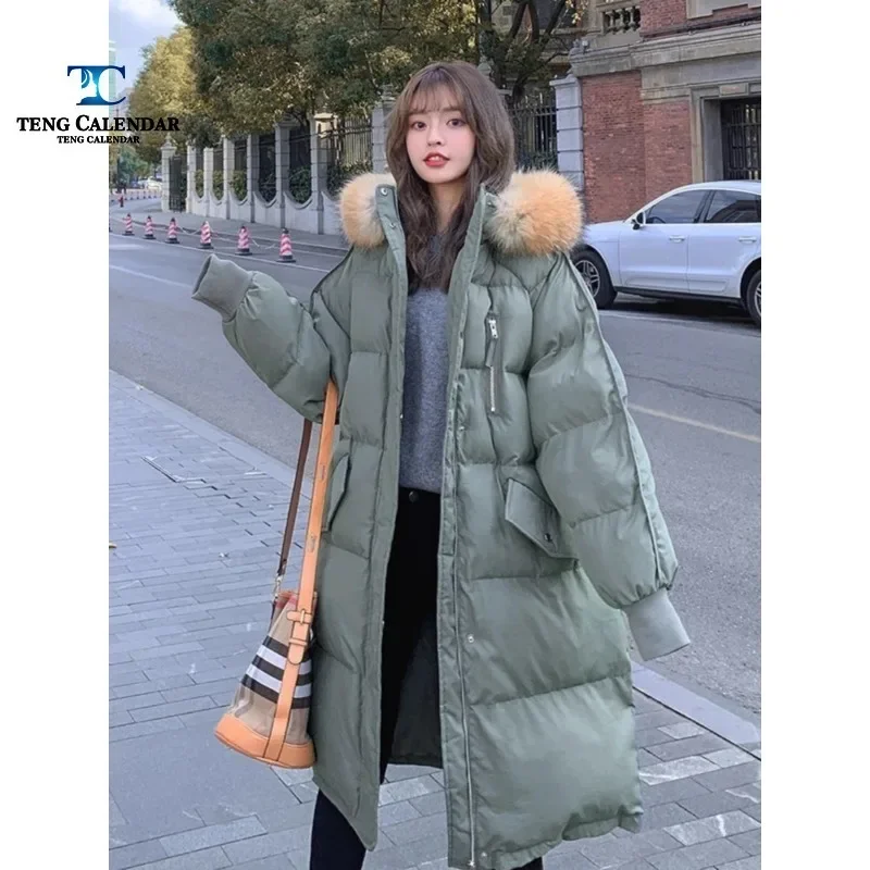 2024 women\'s winter new mid length hooded fur collar extremely cold loose warm down jacket