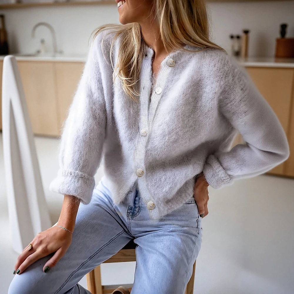 

Женский повседневный кардиган с круглым вырезом и открытым передом, трикотаж с длинными рукавами, прямой вязаный топ без украшений