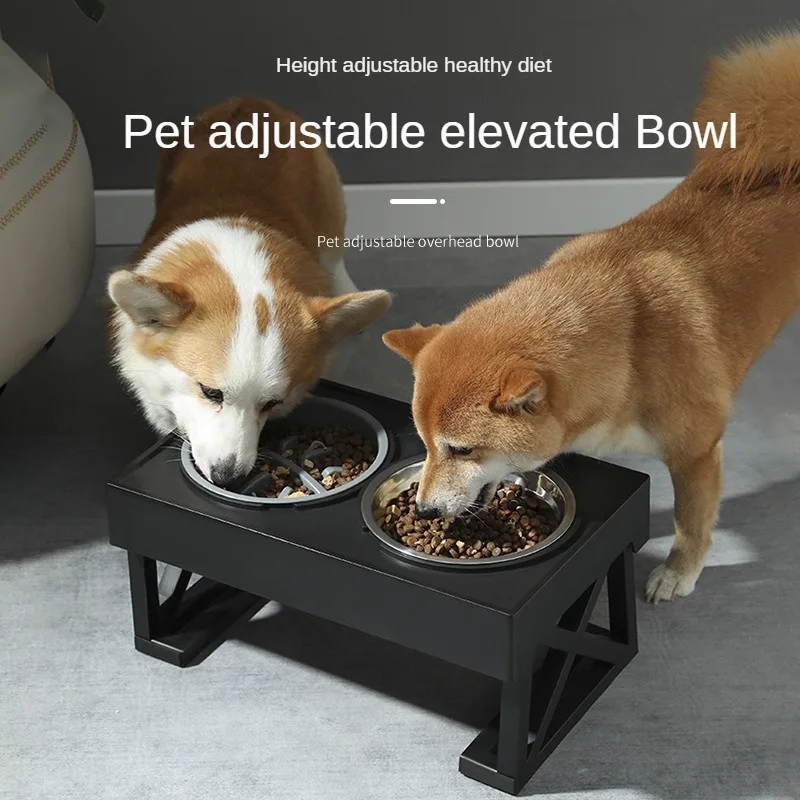 

Stainless Steel Pet Bowl, Double Basin, Dog and Cat Bowl, Adjustable Height, Slow Feeding Water Bowl, 2 in 1