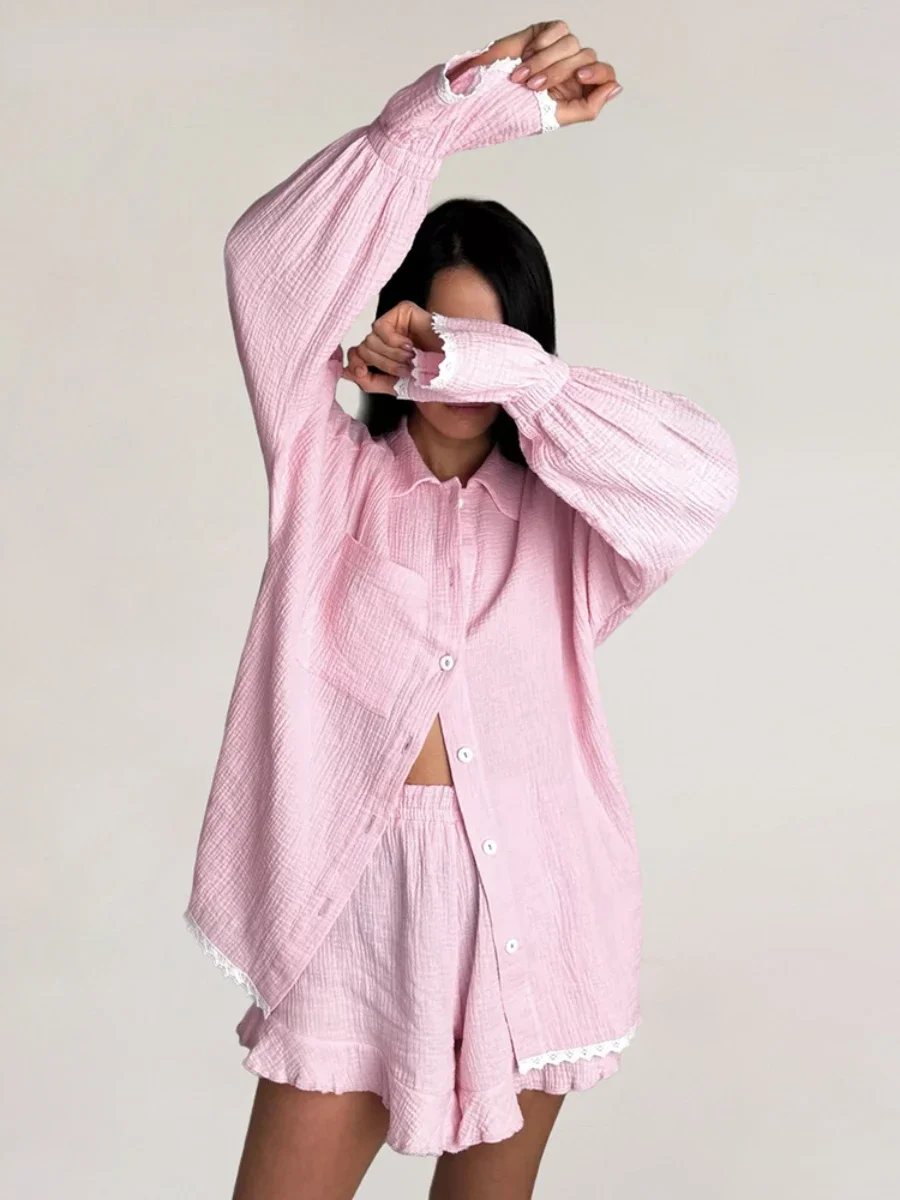 Bornladies Casual Crape Cotton Pink Two Pieces Sets Women Lace Lantern Sleeve Shirts And Baggy Shorts Sleepwear Spring Summer