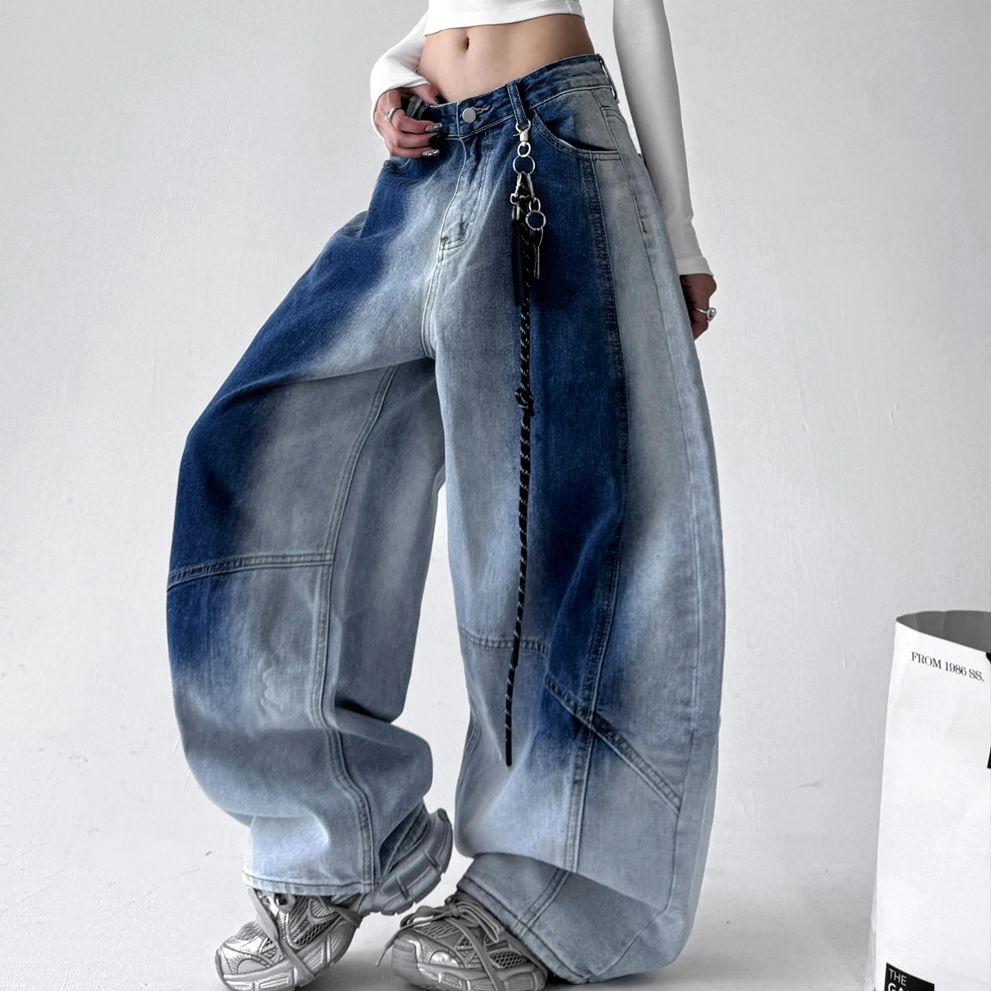 

American Style Retro Women's Baggy Jeans Fashion Washed Gradient Color Curved Knife Pants Casual Female Long Denim Wide Leg Pant