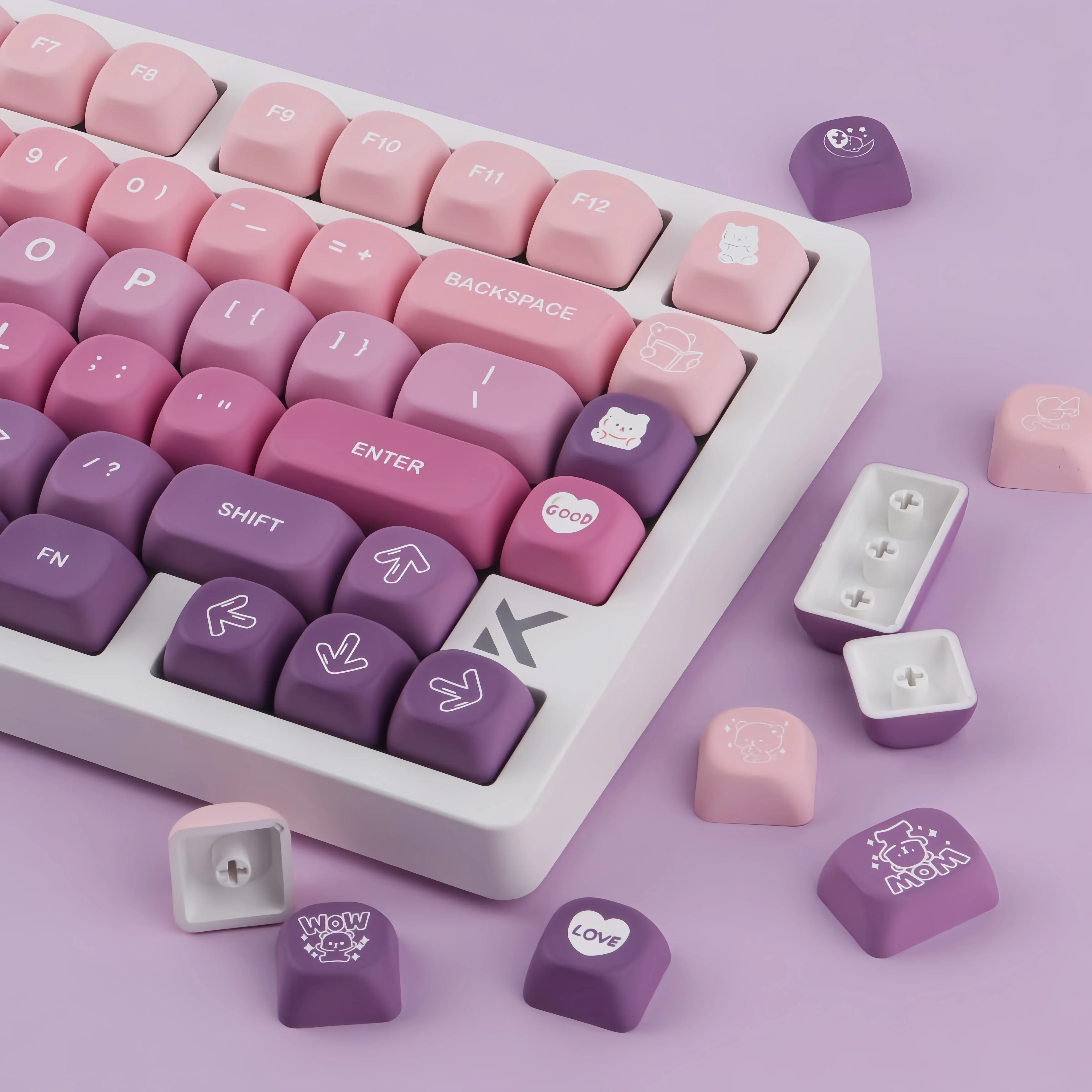 130 Keys Gradient Purple Bear MOA Profile Custom Keycap Set Five Side Dye Sublimation PBT Keycaps for MX Switch Keyboard