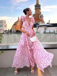 Women's Holiday Party Dresses Sexy V Neck Backless Floral Ruffle Long Dress Blue Pink Sleeveless Print Hollow Out Split Dress