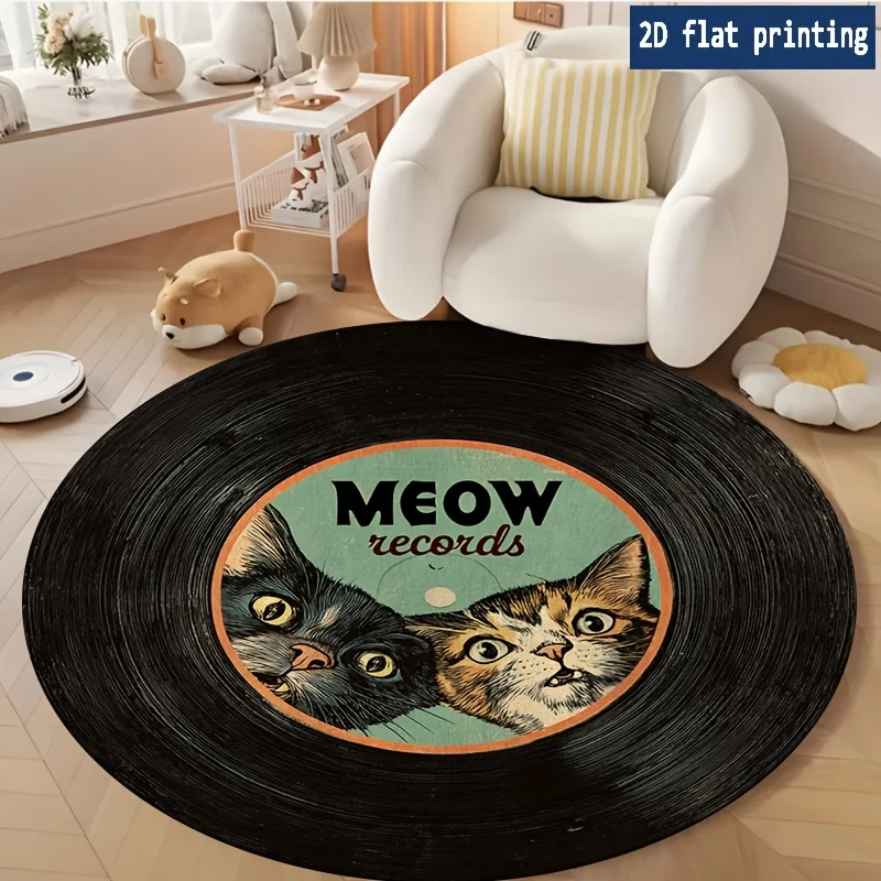 Round Cat Records Vinyl Turntable Mat Rug Polyester Fluffy Floor Cushion for Living Room Pet Lover Home Decor