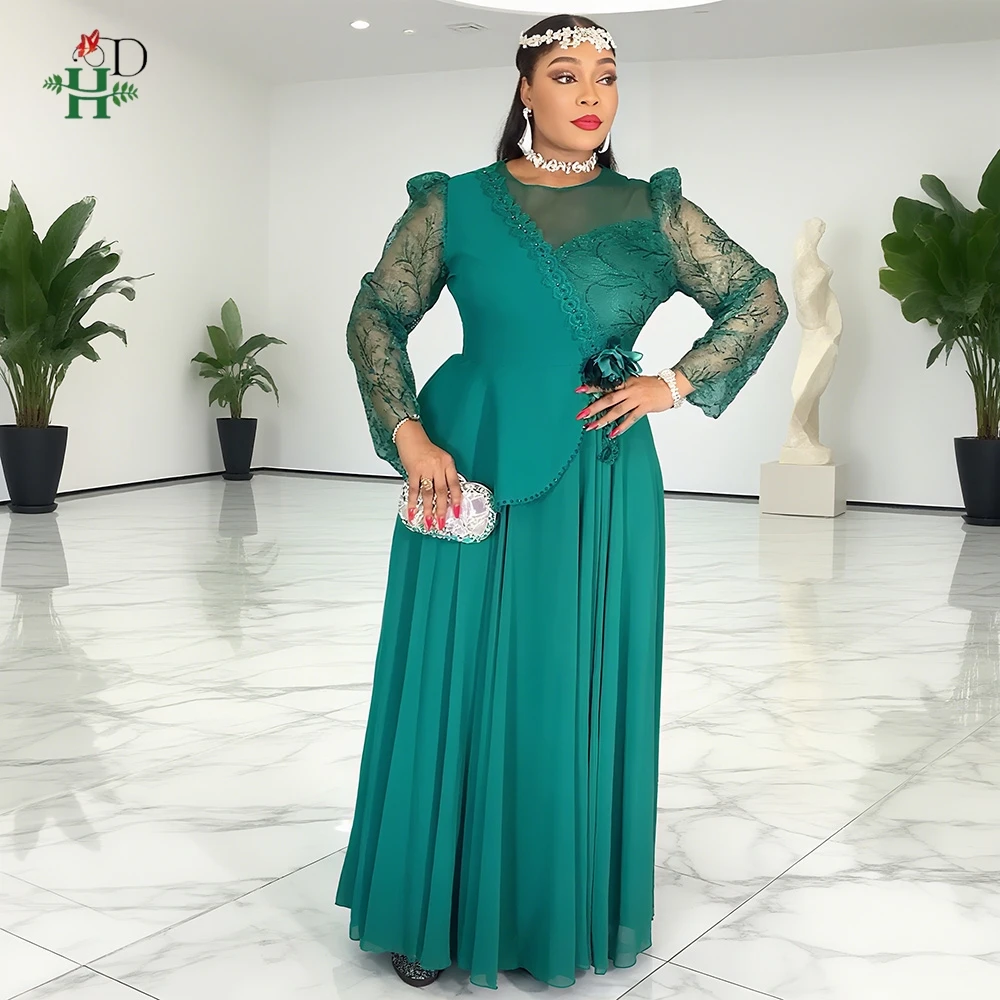 

H&D Elegant African Clothes For Women Maxi Dress 2025 New Fashion Wedding Party Dress Lace Sleeves Plus Size Turkey Outfits Gown