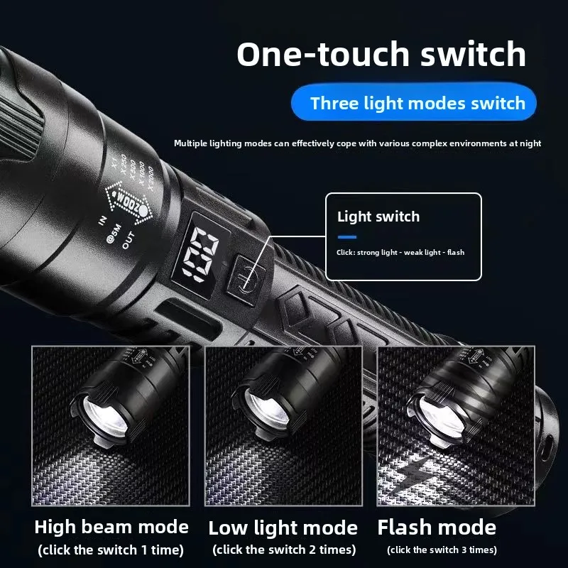 متعددة الوظائف التكبير مصباح يدوي رقمي مشرق USB شحن سعة كبيرة في الهواء الطلق تسلق الجبال التخييم الإضاءة