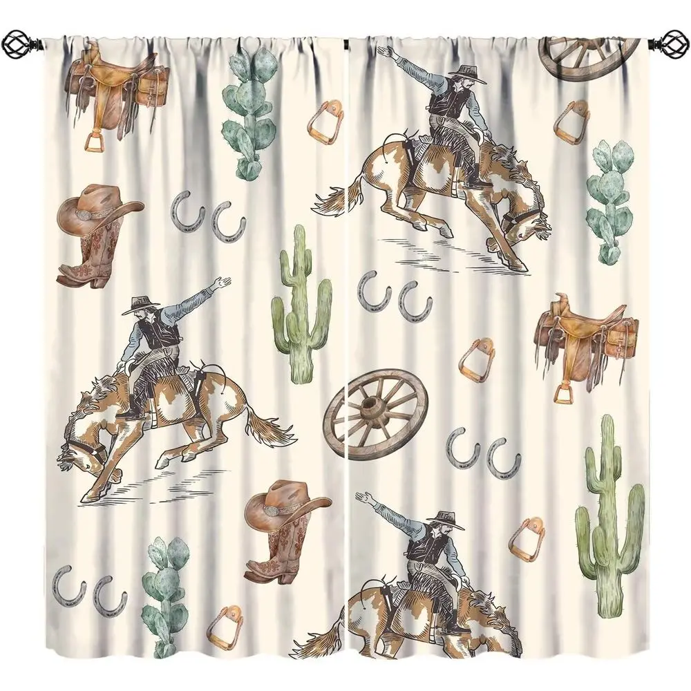 Cowboy Themed Blackout Curtains, Wild West Ride, Cactus & Desert, Vintage Rustic Style for Bedrooms & Living Rooms, 2 Panels, 42