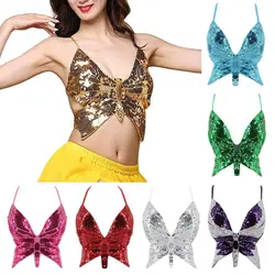 Sexy Women Halter Back Bras Sparkly Sequin Crop Top Bandage Bra Belly Dance Vest Tank Costume Outfits Bandage Butterfly Bra