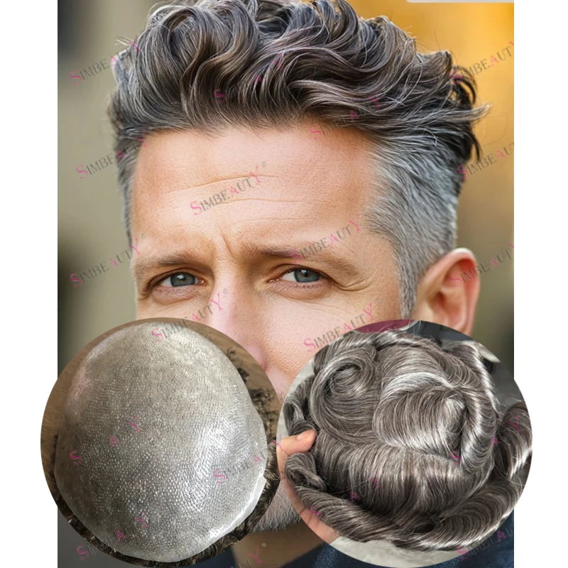 

Длительная волна старика 30 мм # 440 Коричневые с серыми человеческими волосами Мужские парики Необнаружимые ультратонкие парики на основе кожи Натуральная линия волос