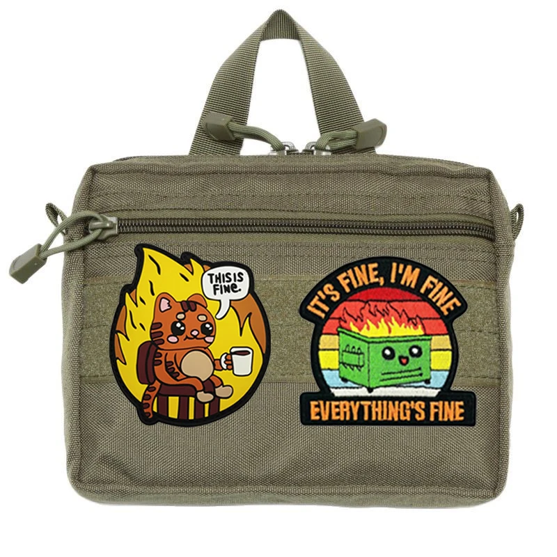 Newly  THIS IS FINE Litter Box Personality Bag Accessory Coffee Cat Anime Rubber Badge Outdoor Hook Loop Backpack Patches