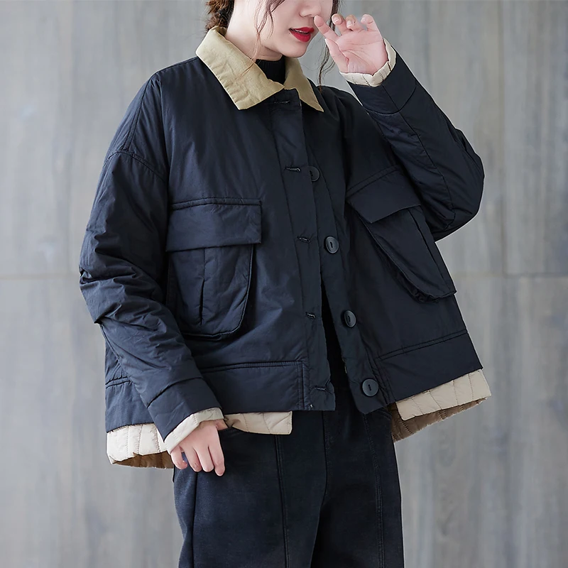 

Retro Cotton Jaet Women's ort Thiened Autumn Winter New Sle Patchwork Color Cotton Workwear Coat Korean Sle Long Sl...