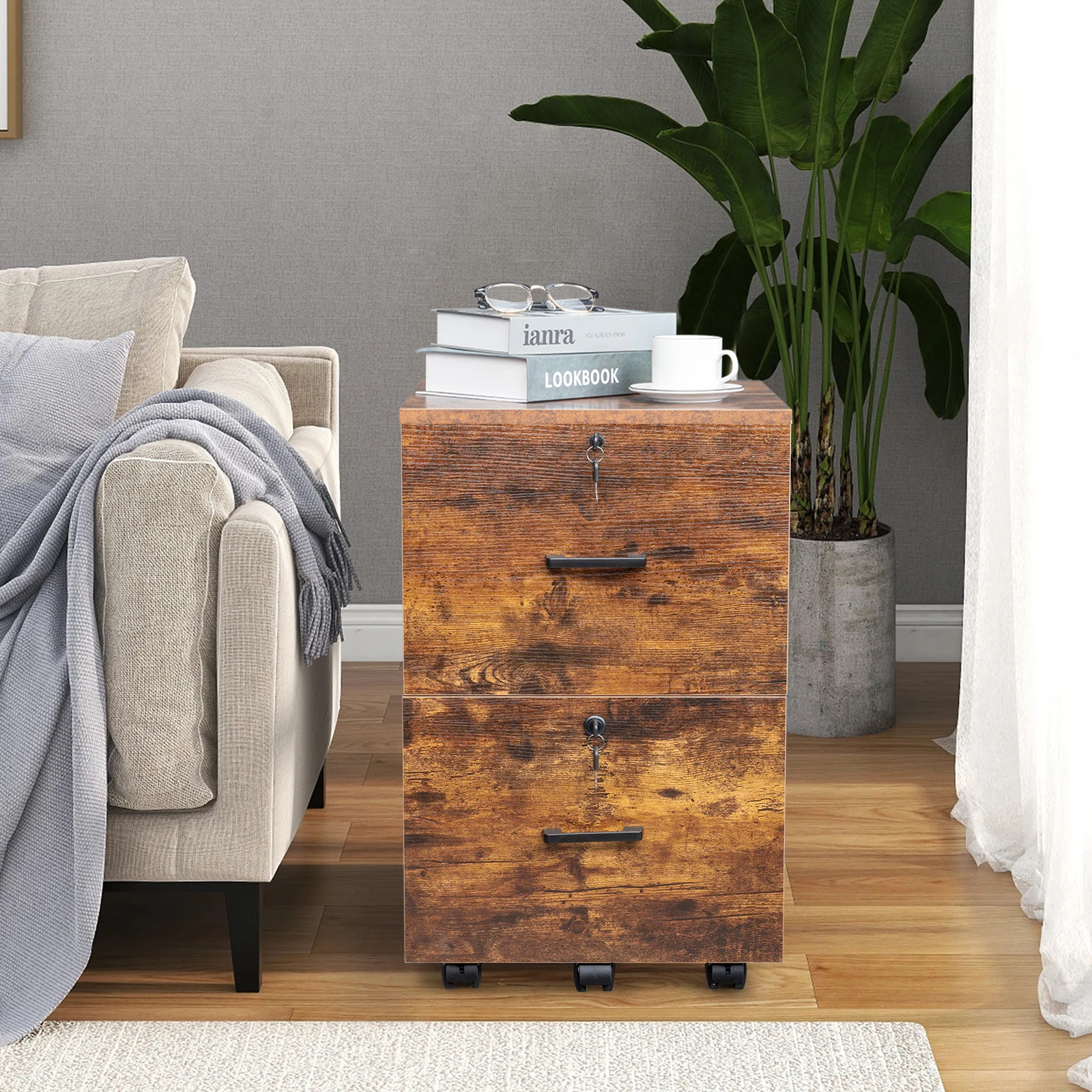 Rustic Wood Grain 2‑Drawer Mobile Filing Cabinet with Lock, Rolling Lockable Storage Drawer Cabinet with Casters, Under Desk File Organizer for Home Office Study Room Office Furniture