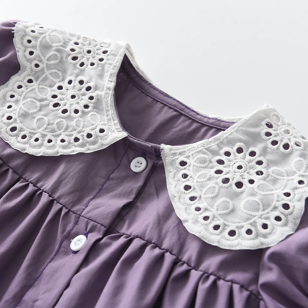 Korea Casual Lace Lapel Kids Clothes Single Breasted Dress Summer Purple Fashion Girls Princess Dresses Children\'s Clothing