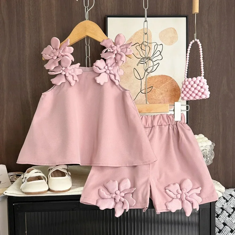Girls' Summer Clothes Carnival Costume Little Girl White Costumes Korean Version 3D Flower Decoration Suspenders Top + Shorts