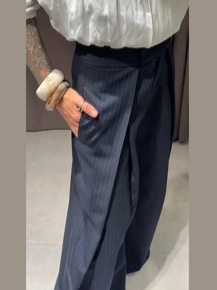 Verstellbare gestreifte Hose für Damen – Streetwear mit hoher Taille, Schnürung, weitem Bein und charmantem Panel-Design – Neu – Detail 27