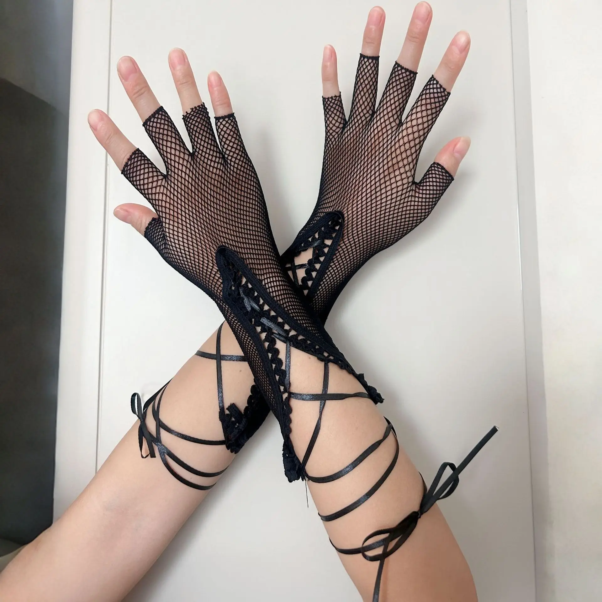 Arm Sleeves Black Strappy Lace Breathable Sun Protection Edgy Subculture Nightclub Stage Performance Women Lightweight Elastic
