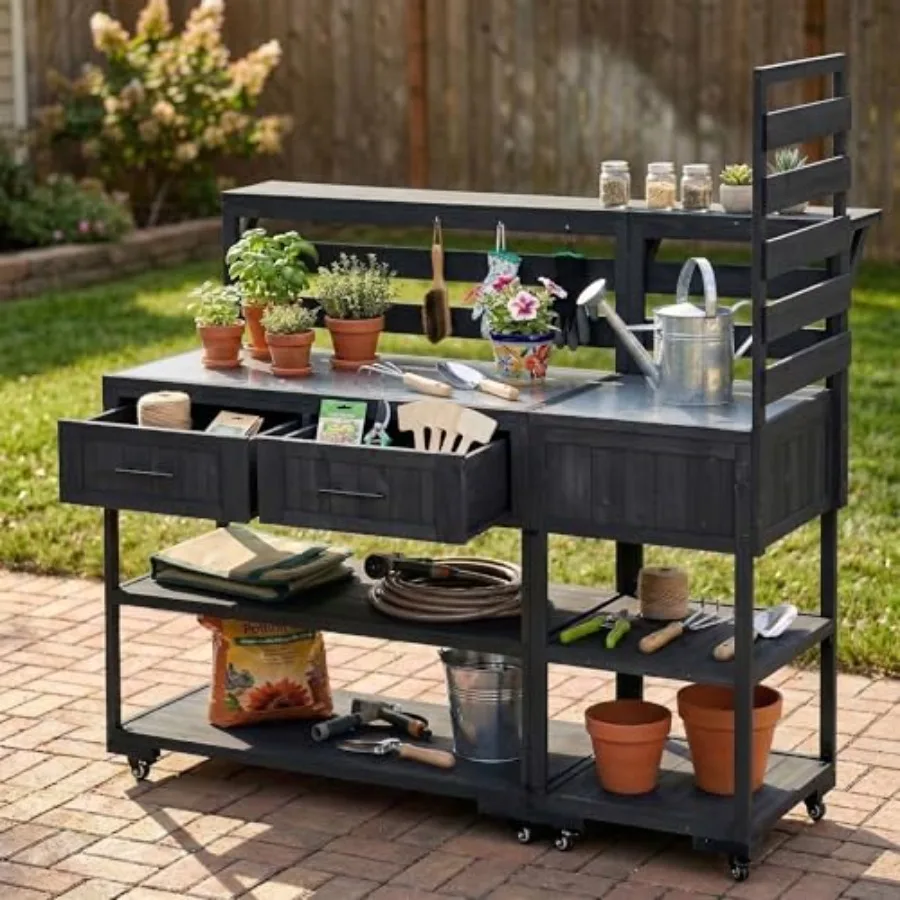 Outdoor Potting Bench Table with Storage Shelves, Farmhouse Garden Workstation with Stainless Steel Top, Hooks, and Storage Dra
