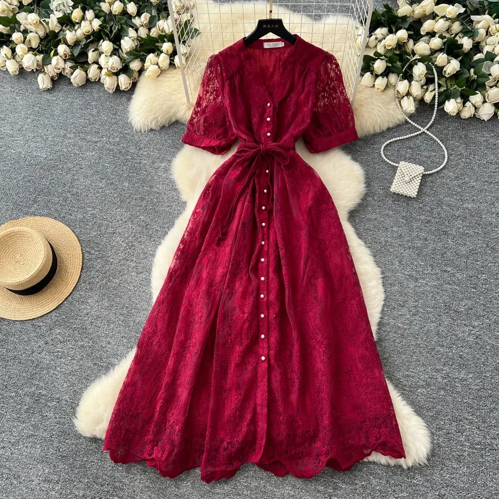 Elegantes, sexy, besticktes, schlankes, langes Kleid mit Knöpfen, Feen-Sommer-Strandurlaub, Vestidos-Kleid, Abend-Partykleid