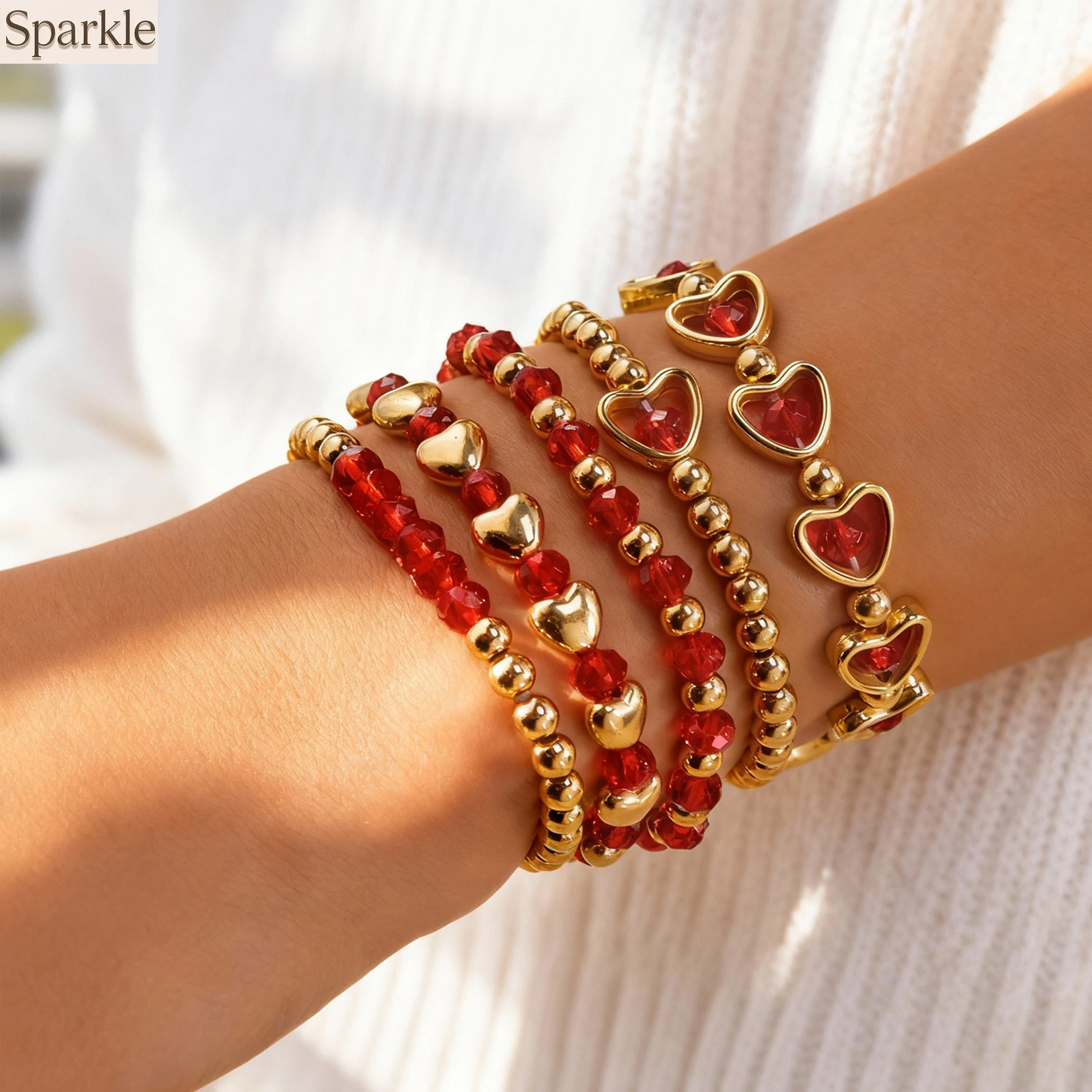 

5pcs/Set Delicate Red Heart Crystal Beaded Bracelets Romantic Valentine Charm Stackable Jewelry Accessories for Women