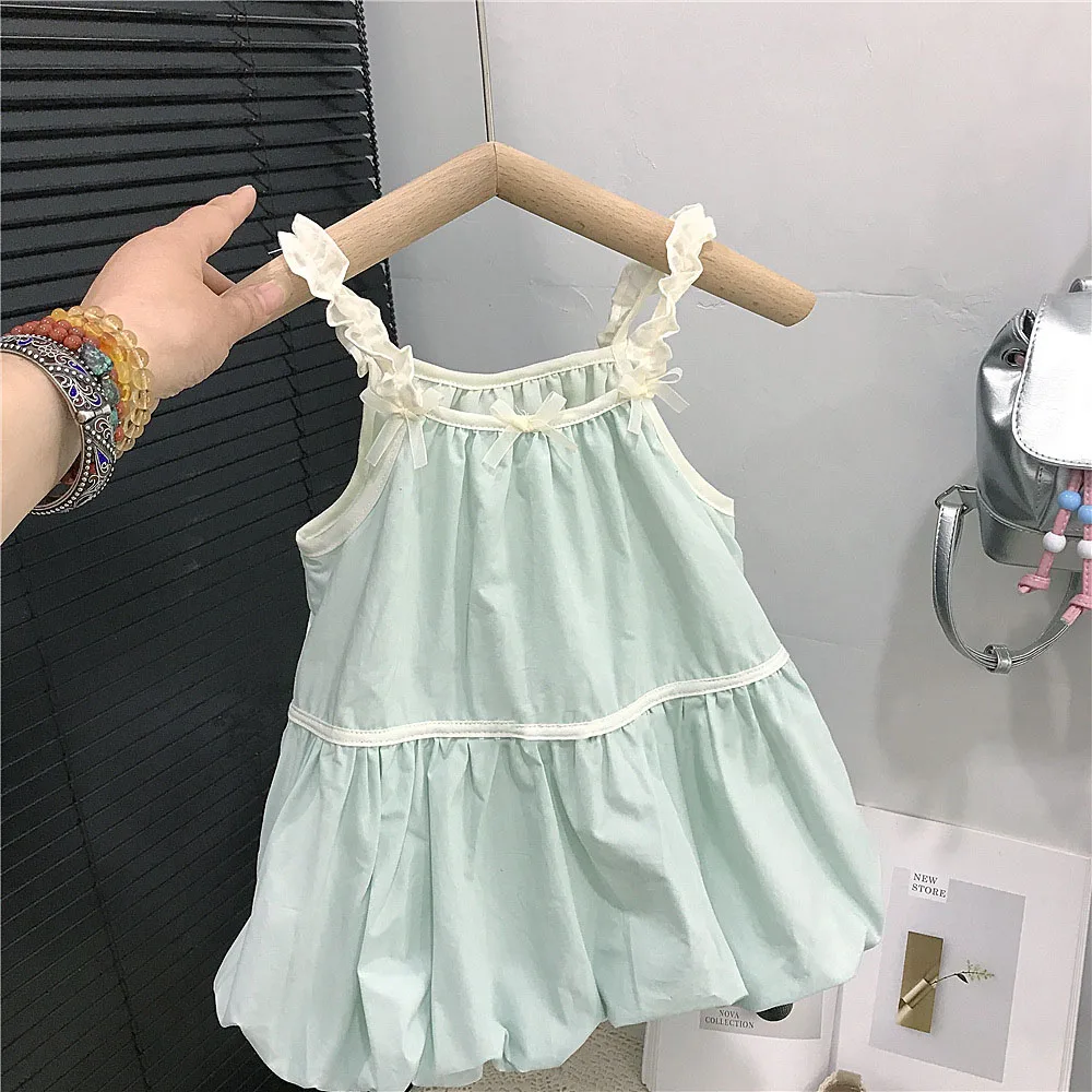 Girls Summer Mint Dress Solid Spaghetti Strap A-line Soft Dresses Patch Bows Cute Princess Outfits 2-8Y Children Leisure Vestido