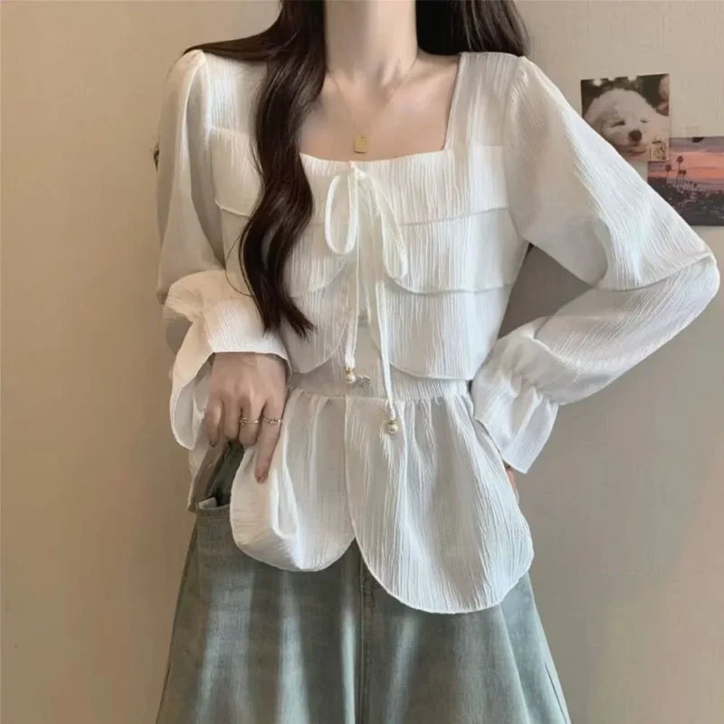 

Spring Autumn Square Collar Shirts Drawstring Female Clothing Elegant Square Collar Fashion Irregular Ruffles Spliced Blouse New