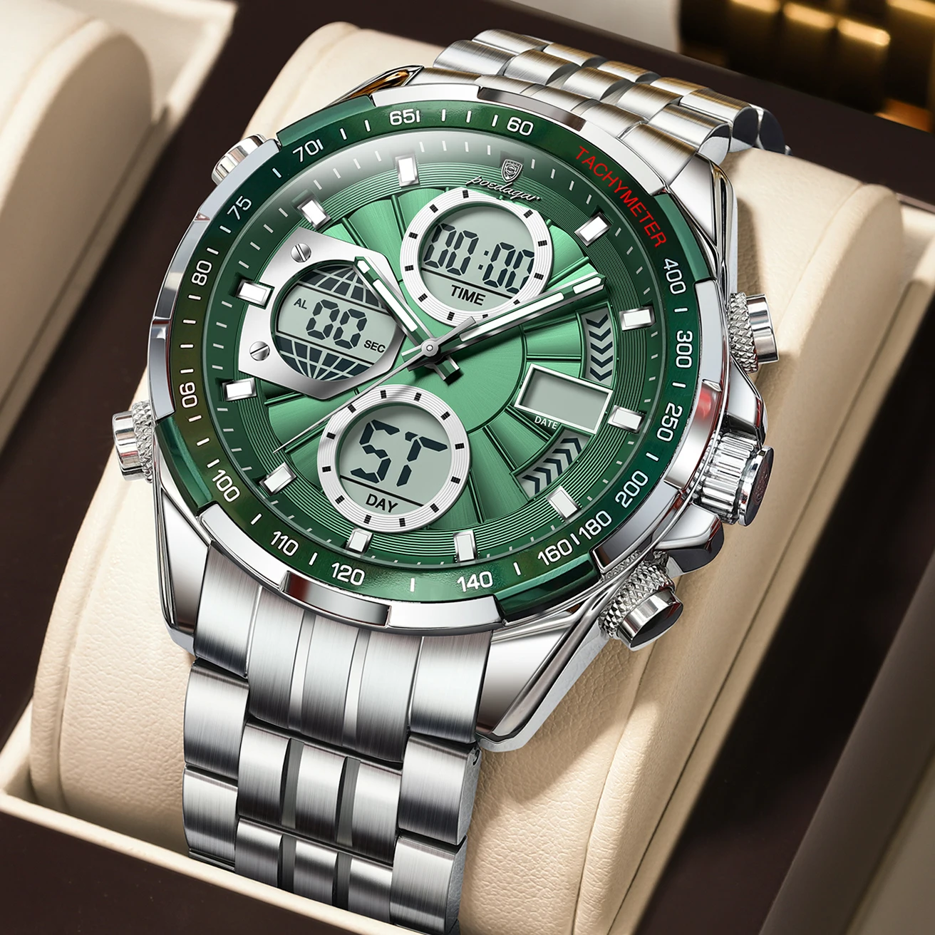 POEDAGAR Man Wristwatch Waterproof Electronic LED Men's Watches Dual Time Display Digital Stainless Steel Men Quartz Watch Reloj