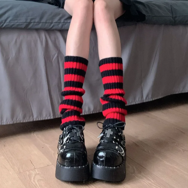 Y2k Goth Lolita Girls Cute Striped Knit Leg Warmers JK Uniform Gothic Women Leggings Gaiters Knee Knitted Cuffs Ankle Warmer 90s