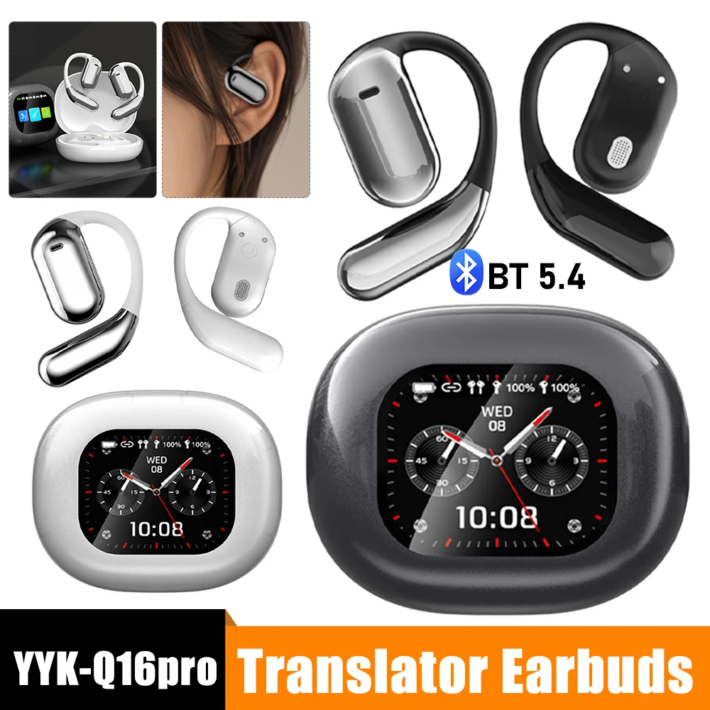 YYK-Q16pro AI Translator Earbuds Touch Screen Open Ear Bluetooth 5.4 Headphones Voice Real-Time Language Translator Earphones