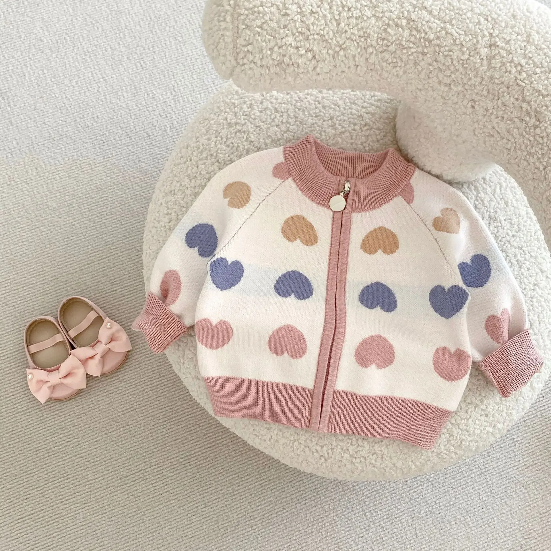 0-3T Heart Print Baby Girl Sweater Cardigan Newborn Kid Winter Clothes Knit Zipper Knitwear Coat Cute Sweet Sweater Outfit