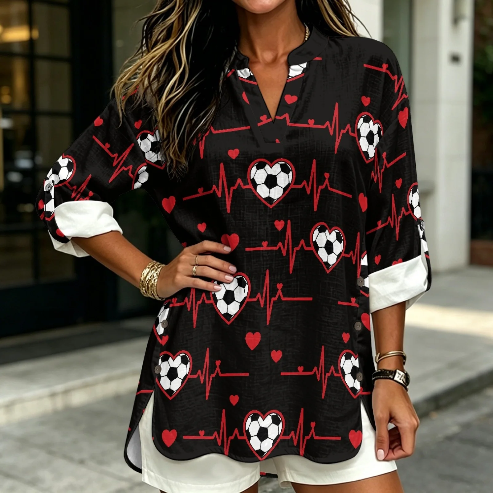 PENSTROLL Soccer Heart Loose Causal Shirt for Daily Wear Linen Style Long Sleeve Womens Tops Sizes S-5XL