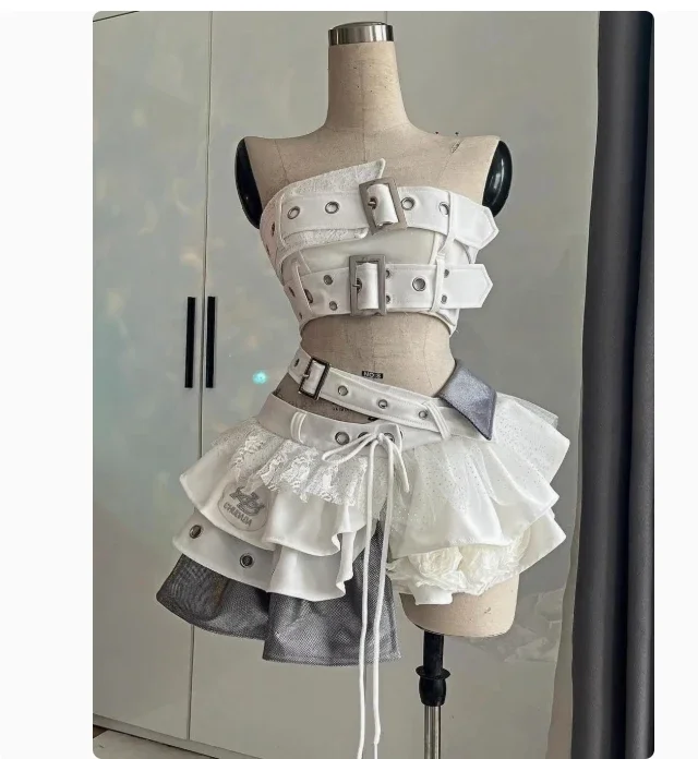 甘いクールスパイシーな女の子セクシーなミニスカート + デニムステッチチューブトップ 2 点セット夏の新しいサブカルチャーパンク Y2k レディース衣装