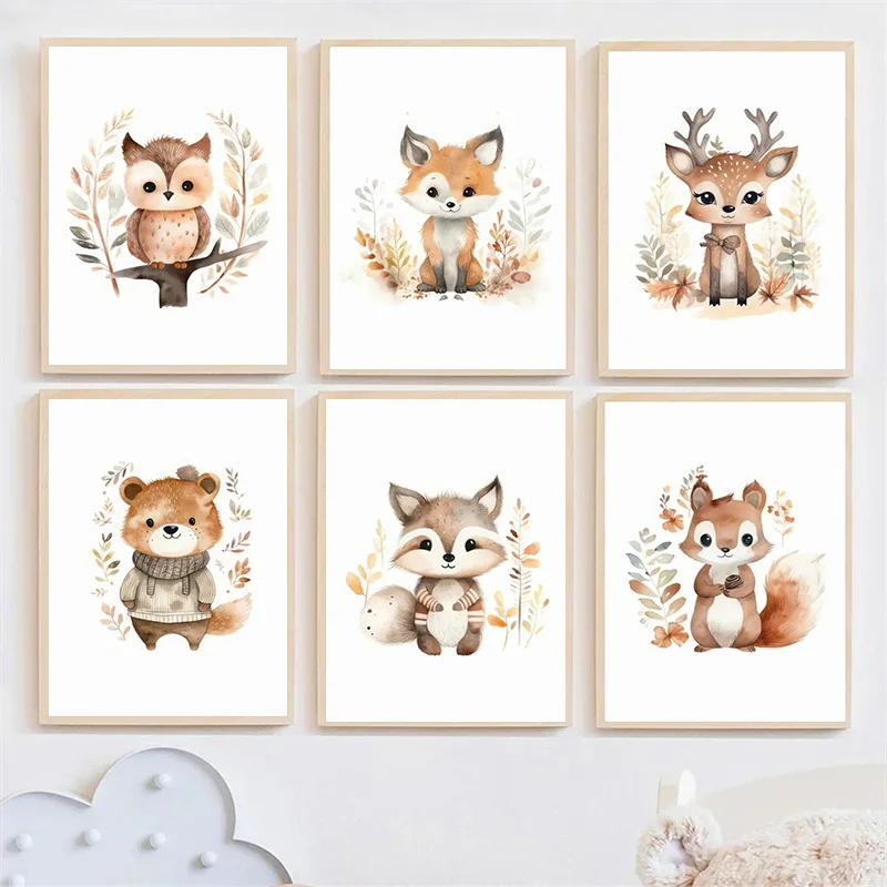 Bear Fox Deer Squirrel Owl Autumn Leaves Nursery Wall Art Posters Canvas Painting Prints Pictures for Baby Kids Room Home Decor