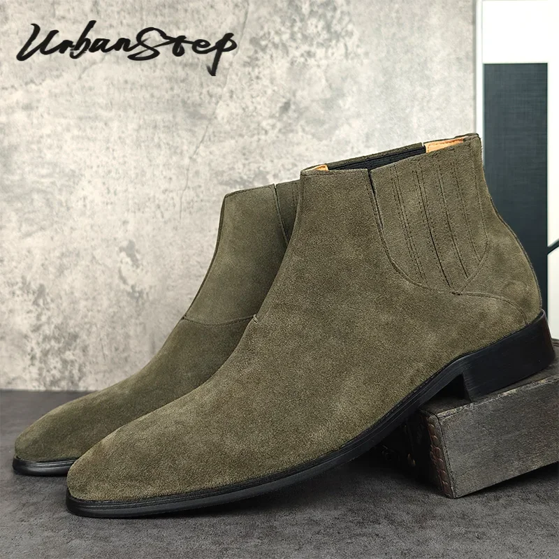 

Luxury Brand Men Ankle Boots Green Suede Shoes Slip on Low Top Boots Casual Men Dress Shoes Leather Chelsea Boots For Men