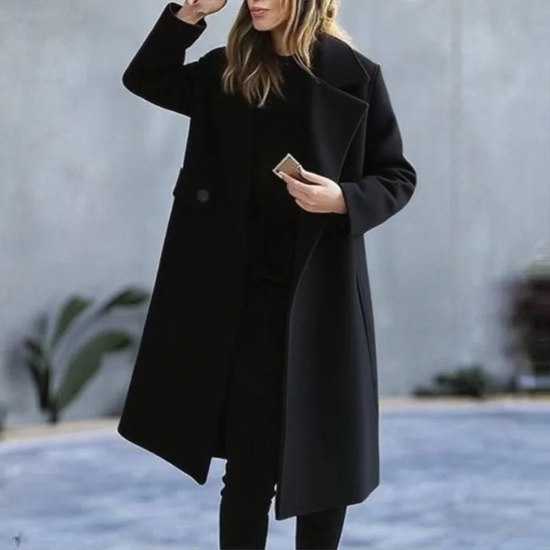 

Simple Solid Color Long Sleeve Pocket Straight Jackets Women's Elegant Warm Commuter Outwear 2025 Winter New Lapel Woolen Coat