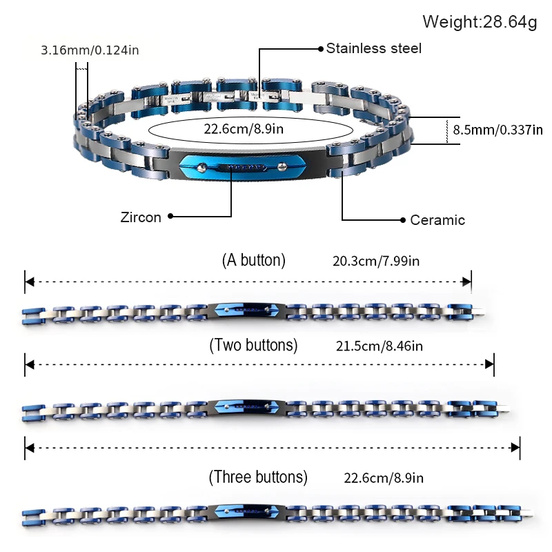 Moocare Stainless Steel Bracelet Cuff Blue Thin Metal with Ceramics Inlaid Zircon Wrist Hand Charm Chain For Male