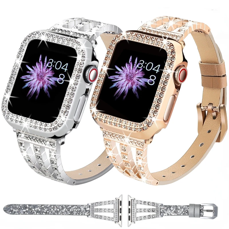 

Diamond Case+Leather Strap For Apple Watch 8 7 41mm 45mm Ultra 49mm Women Metal Bracelet Belt iWatch 6 5 4 3 SE 44mm 40mm Cover