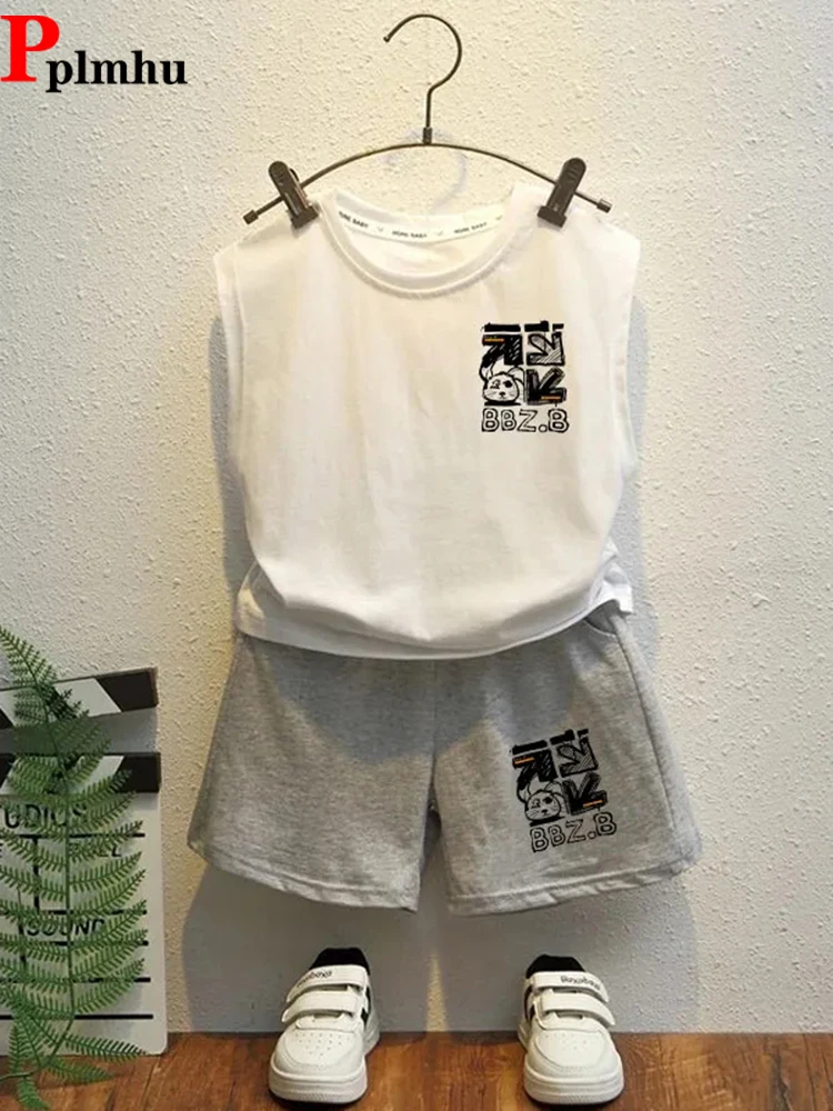 Children's Summer Cortos Conjuntos Boys Sleeveless T-shirts Suit + Lace Up Baggy Pants Ensembles Loose Casual Kids 2 Piece Sets