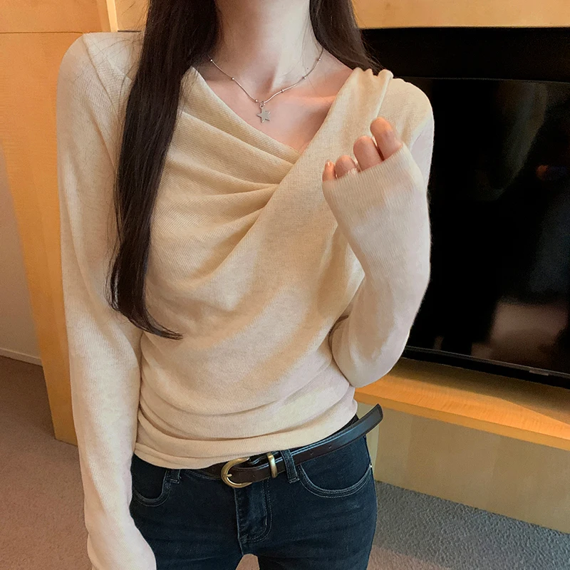 

Korean V-Neck Long Sleeved Knitted Women Pullovers Pink Apricot Blue Black Top Solid Color Sweet Elegant Lady Woman Pullovers