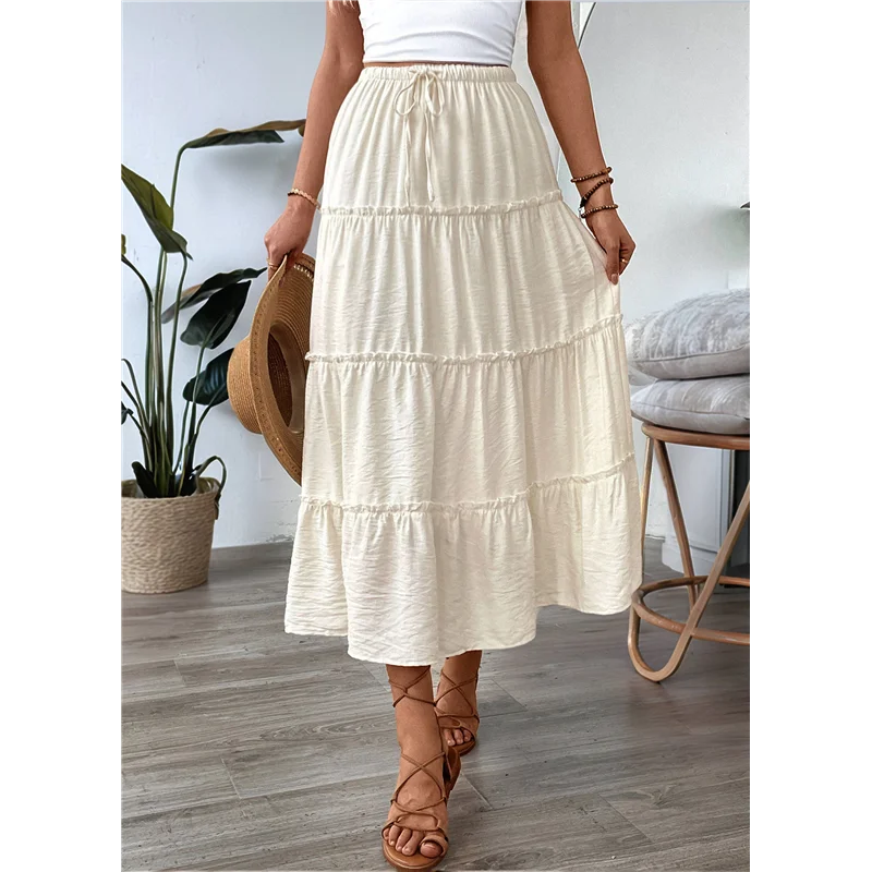 Femmes été décontracté élégant Smock couches à plusieurs niveaux Maxi jupe taille haute une ligne fluide longues jupes avec poches-A55G