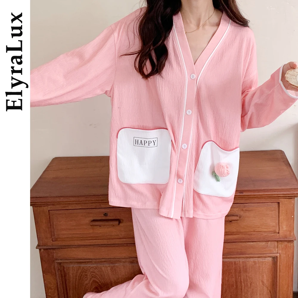 

ElyraLux розовый хлопковый пижамный комплект для женщин, мягкая свободная одежда для сна с милыми карманами и топом на пуговицах, домашняя одежда