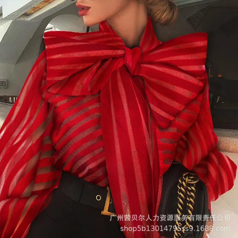 Camicie da donna europee americane rosse nere tinta unita casual alla moda manica lunga lanterna eleganti camicie con fiocco abiti femminili 2025 top