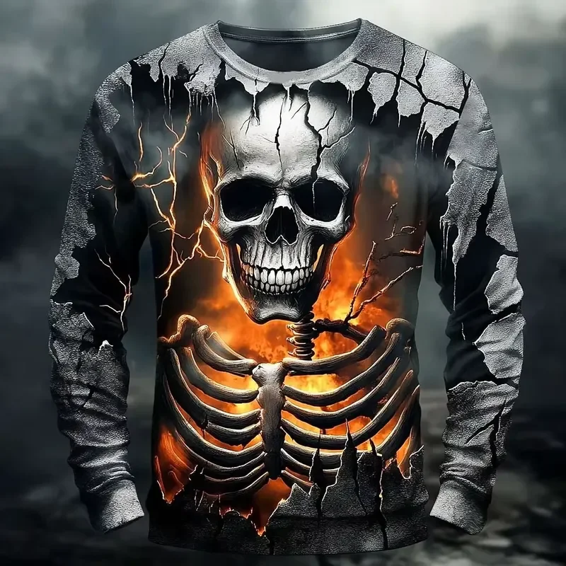 3D Printed Casual Long Sleeve Mens 2026 Full Print Cracked Lava Flame Skeleton Skull T Shirt Gothic Streetwear Halloween