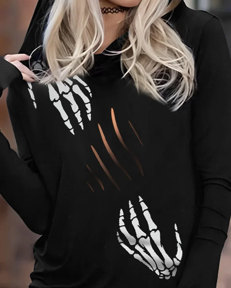 Women Baddie Hoodies Sweatshirt 2025 Spring Long Sleeves Female Hoodies Skeleton Hand Print Streetwear Y2k Clothes Pollovers