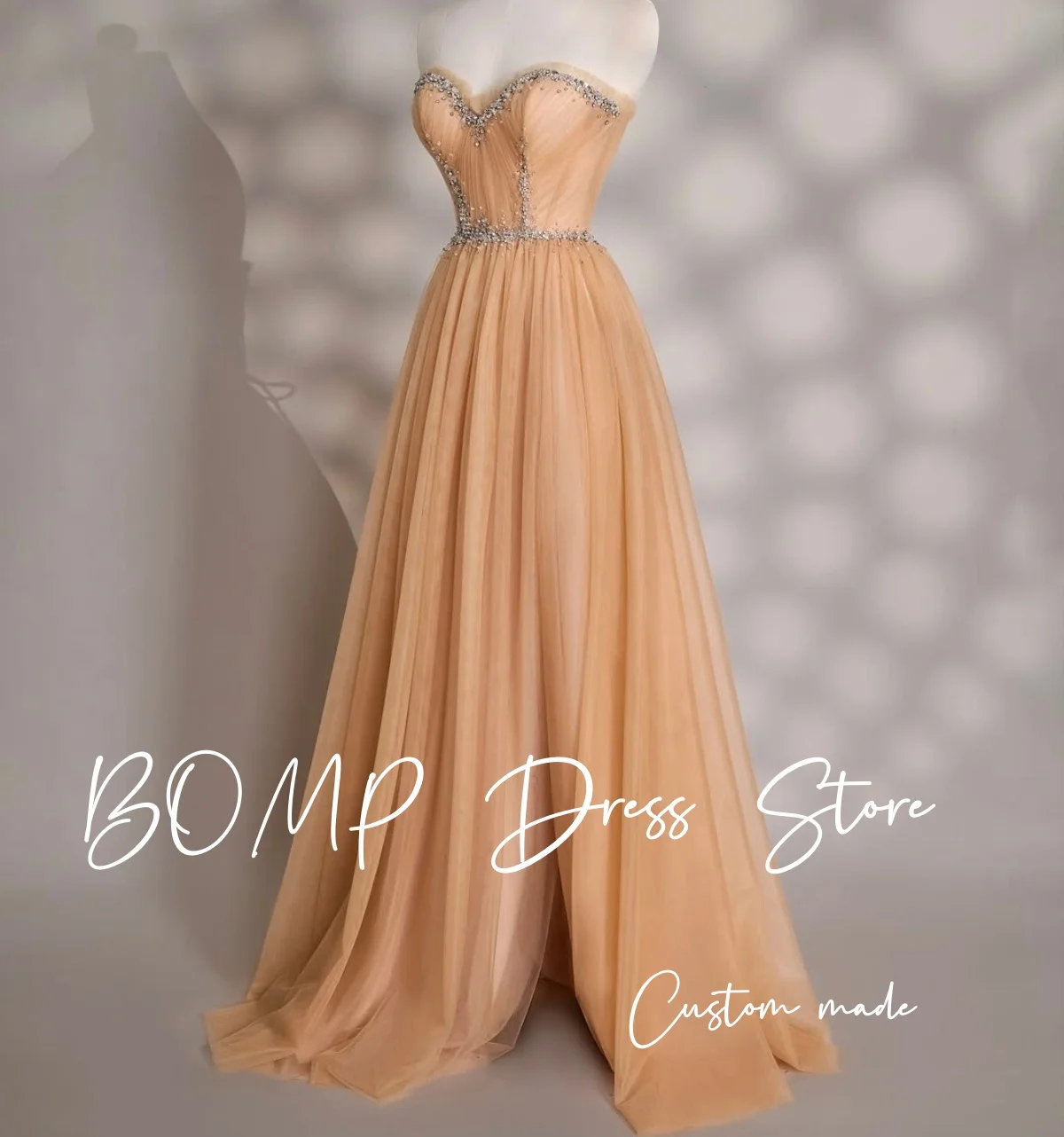 BOMP Elegantes Champagner Abendkleid Schatz Kristall High Split Saudi Dubai Frau Abendkleid Hochzeit Party Kleider Angepasst